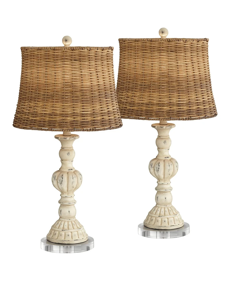 John Timberland Trinidad Rustic Farmhouse Table Lamps Set of 2 with Round Riser 27 1/2" Tall Rattan Drum Shade for Bedroom Living Room