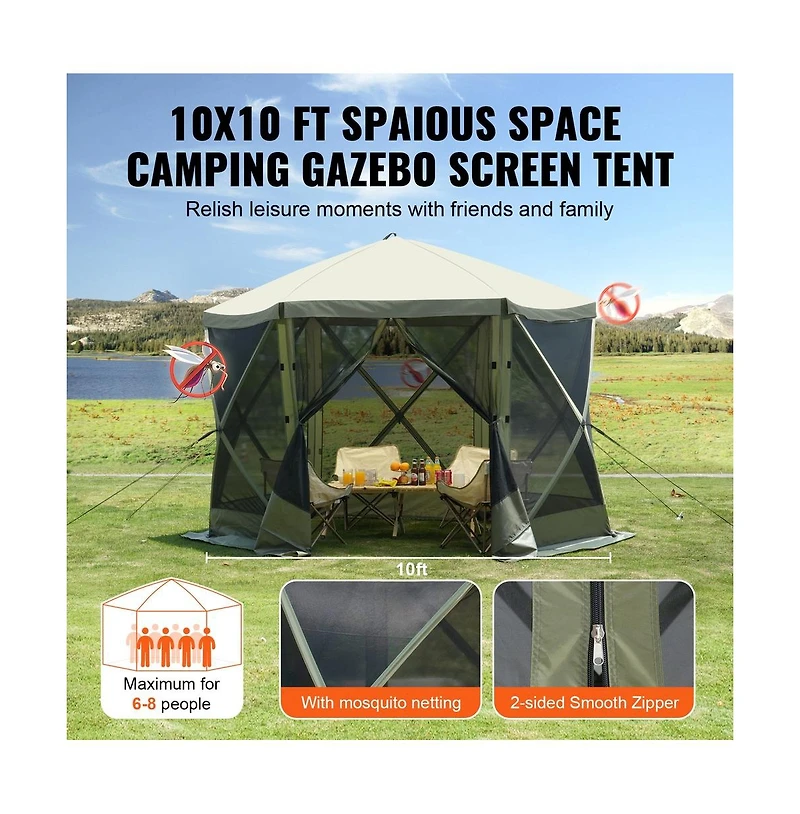 Sugift Pop Up Gazebo Tent 6 Sided Canopy Sun Shelter with Mosquito Netting Army Tone