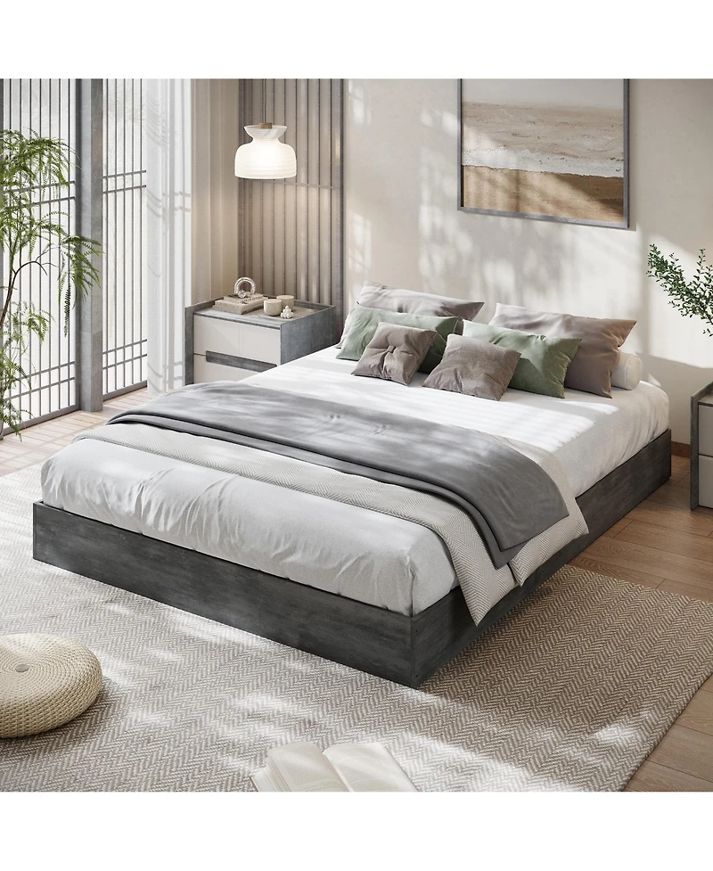 homfan Wood Platform Bed with Wooden Slats, Floor-Standing Frame, Modern Minimalist Space-Saving No Box Spring Needed, Easy Assembly