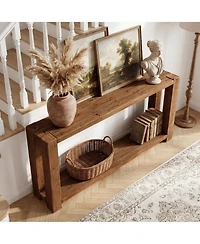Tribesigns 2-Tier Solid Wood Console Table, 63-Inch Narrow Long Wooden Entryway Table with Open Storage Shelf