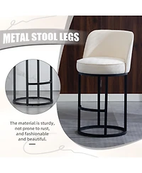 Rainsken Modern Barrel Bar Stools Set of 2 Linen Fabric Upholstered Counter Height Chairs with Back and Footrest for Kitchen Island