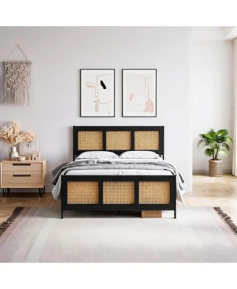 Homfan Bed Frame With Rattan Headboard Footboard Rattan Platform Bed Frame Mattress Foundation Noise Free No Box Spring Needed