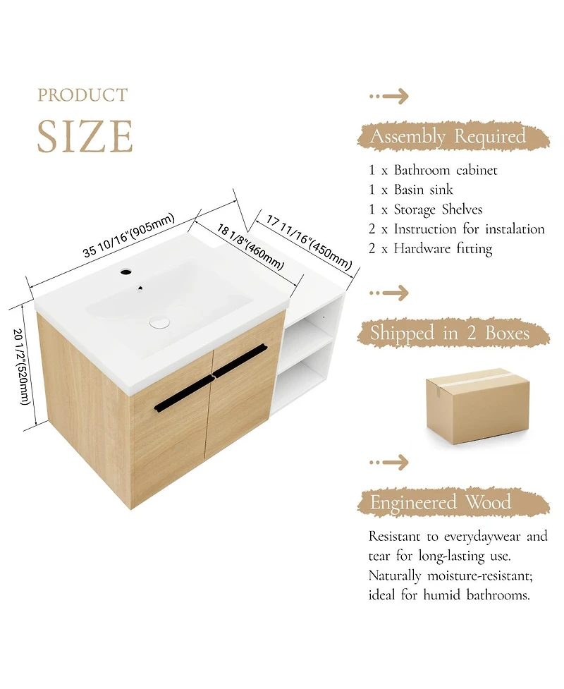 Sillysis 36 Inch Wall Mounted Bathroom Vanity with Resin Sink and Open Storage Shelves for Modern Small Bathrooms