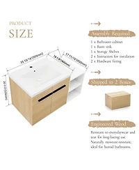 Sillysis 36 Inch Wall Mounted Bathroom Vanity with Resin Sink and Open Storage Shelves for Modern Small Bathrooms