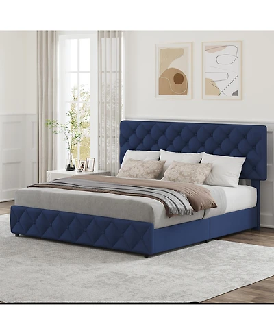homfan Upholstered Platform Bed Frame with 4 Storage Drawers Adjustable Headboard, Pu Leather Platform Storage Bed Frame with Button Tufted