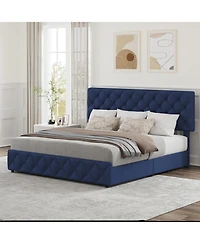 homfan Upholstered Platform Bed Frame with 4 Storage Drawers Adjustable Headboard, Pu Leather Platform Storage Bed Frame with Button Tufted