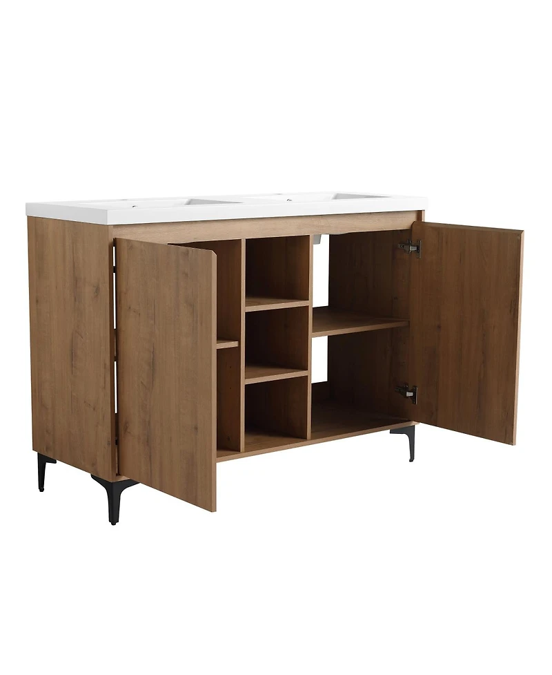 Sillysis 47.6 Inch Freestanding Double Sink Bathroom Vanity with Resin Basin, Adjustable Shelves and Open Storage, Modern Design