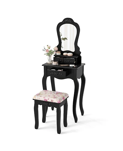 Volenca 3-Drawer Makeup Vanity Set with Fan-Shape Mirror, Cushioned Stool, Black