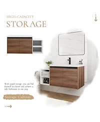 Sillysis Wall Mounted Bathroom Vanity with Resin Sink and Open Storage Shelves for Modern Small Bathrooms