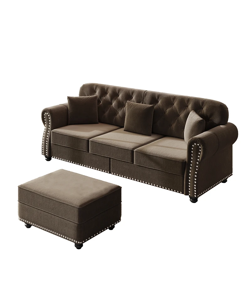 Streamdale Furniture 82.6'' Velvet Chesterfield Sofa with Nailhead Trim and 3 Pillows Brown
