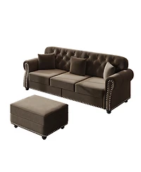 Streamdale Furniture 82.6'' Velvet Chesterfield Sofa with Nailhead Trim and 3 Pillows Brown