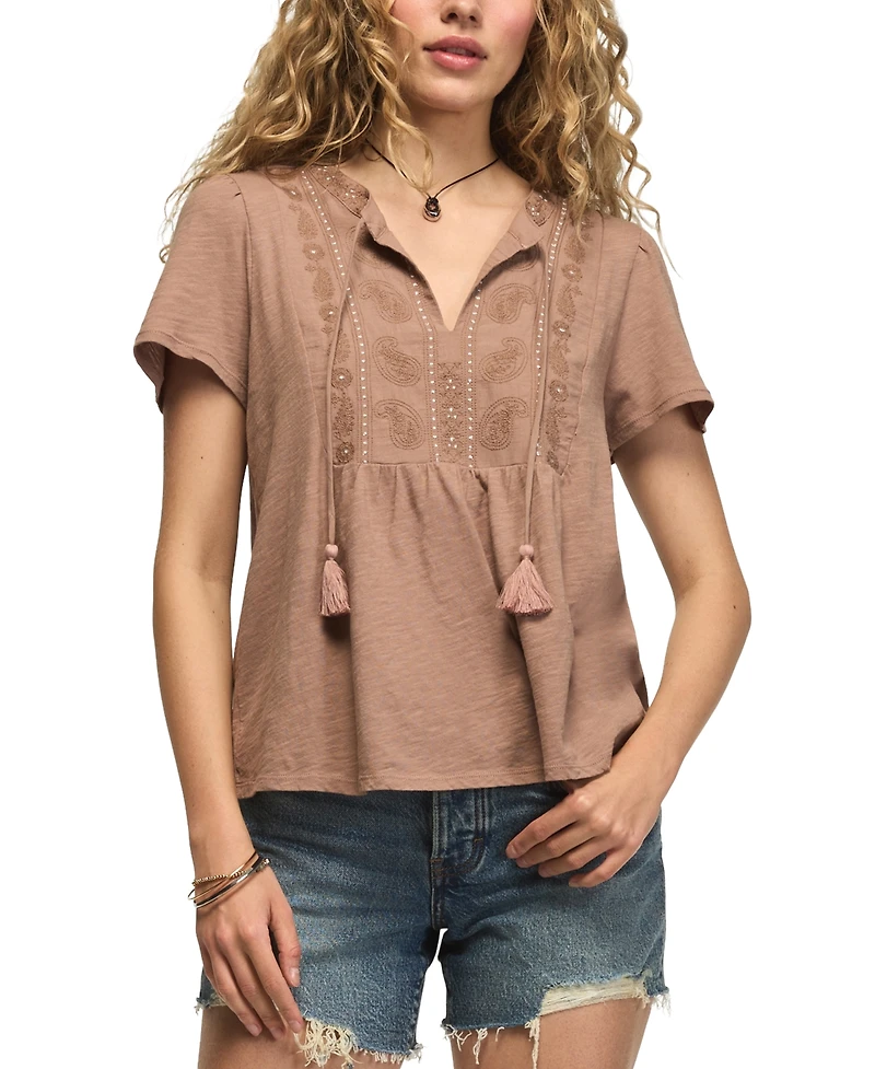 Lucky Brand Women's V-Neck Embroidered Peasant T-Shirt
