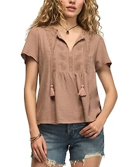 Lucky Brand Women's V-Neck Embroidered Peasant T-Shirt