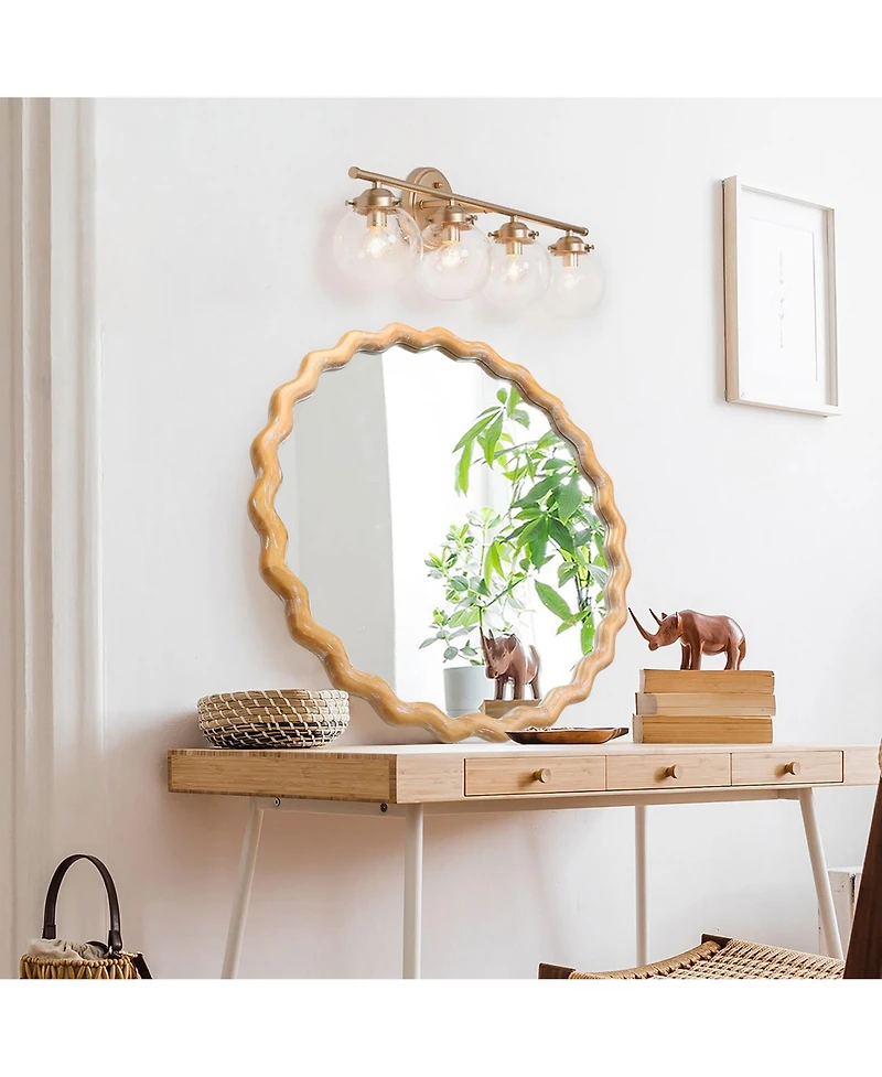 Midola 27.5" Round Wavy Wall Mirror for Bathroom Vanity, Wooden Farmhouse Circle Mirrors for Bedroom, Entryway, Living Room, Kitchen