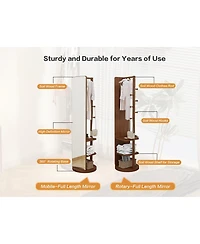 Midola 360 Degree Rotating Multifunctional Full-Length Floor Mirror with Coat Rack and Hook Storage, Solid Wood Frame for Bedroom and Living Room