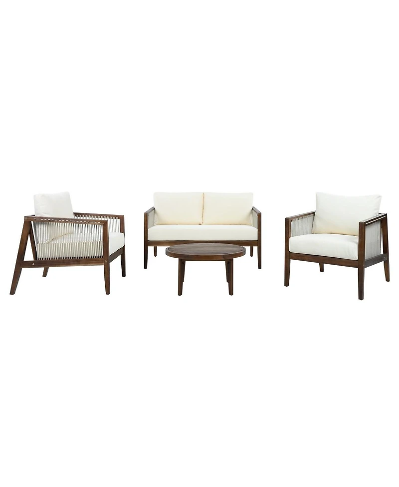 Asagikoiai Outdoor Acacia Wood Rope Patio Sofa Set with Water Repellent Cushions