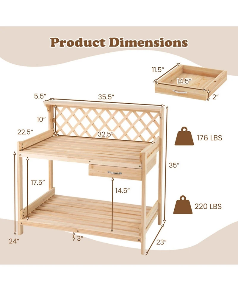 Gouun Wooden Garden Potting Bench with Lattice Trellis and Drawer