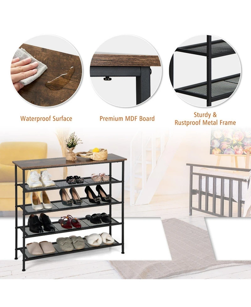Gouun Industrial 5-Tier Metal Shoe Rack with 4 Mesh Shelves