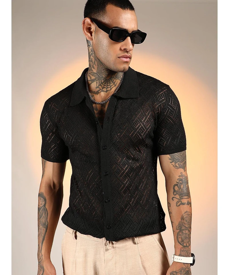 Campus Sutra Men's Overlap-Textured Knit Shirt