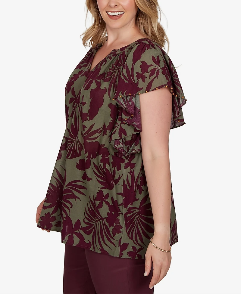 Ruby Rd. Plus Tropical Print Gauze Flutter-Sleeve Top