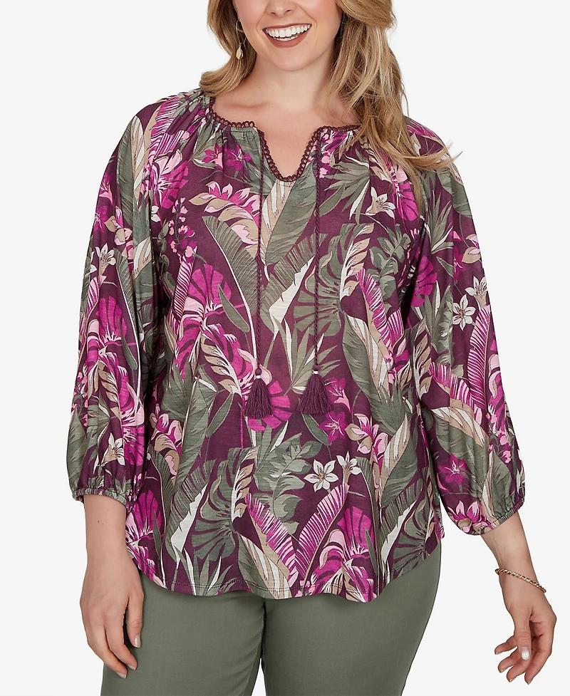 Ruby Rd. Plus Tropical Print Knit Tassel Top