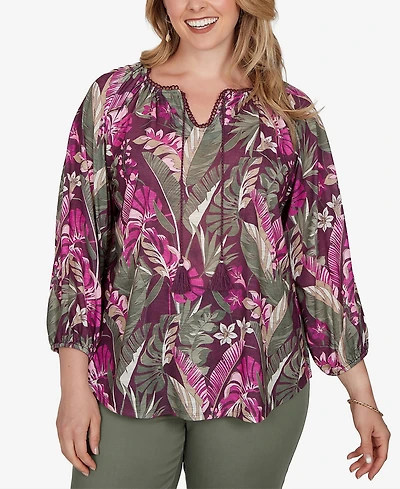 Ruby Rd. Plus Tropical Print Knit Tassel Top