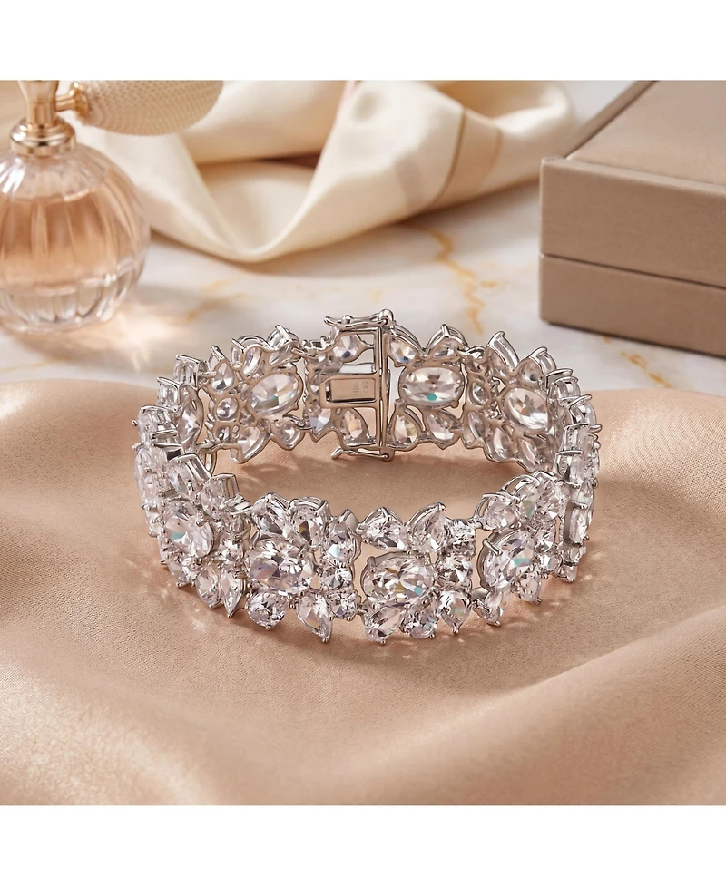 Genevive Exquisite Rhodium-Plated Sterling Silver Flower Bracelet with Cubic Zirconia