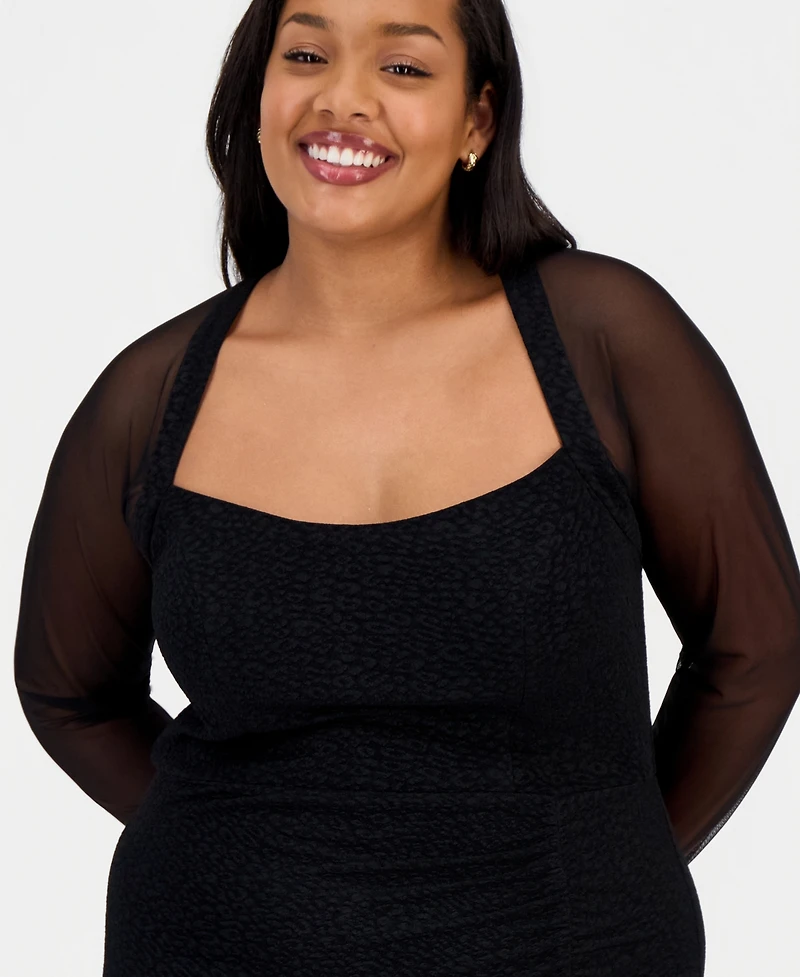 City Studios Trendy Plus Mesh-Sleeve High-Slit Gown