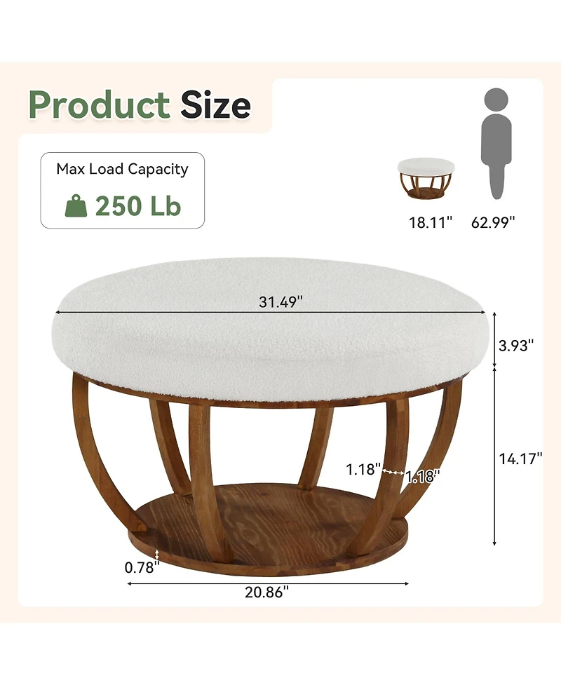 Tribesigns 31.5" Round Storage Ottoman Coffee Table, 2-Tier Modern Circle Upholstered Coffee Table with Storage and Solid Wood Base