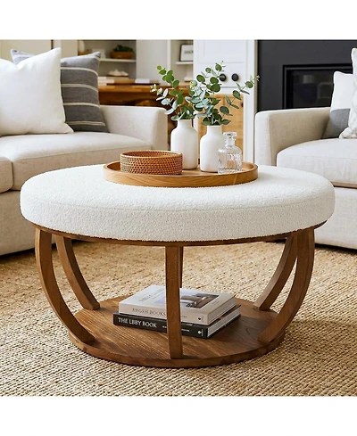 Tribesigns 31.5" Round Storage Ottoman Coffee Table, 2-Tier Modern Circle Upholstered Coffee Table with Storage and Solid Wood Base
