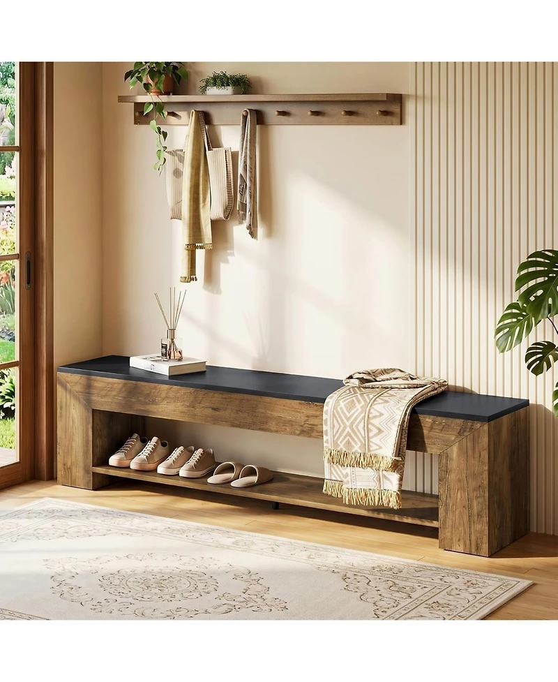 Tribesigns 71-Inch Extra Long Entryway Bench with Shoe Storage, Farmhouse Shoe Bench with 2 Shelves, Wooden Indoor Seating