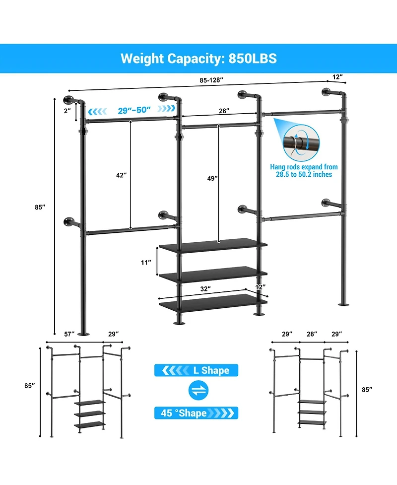 Aheaplus Industrial Pipe Clothing Rack Wall Mounted Closet System