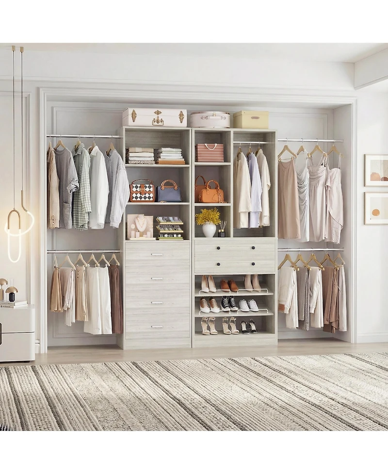 Aheaplus Wooden Closet System Set with 6 Drawers and 5 Hanging Rods Shelves