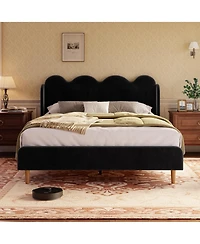 homfan Upholstered Wingback Platform Bed with Scalloped Edges and Velvet Tufted Headboard, Easy Setup