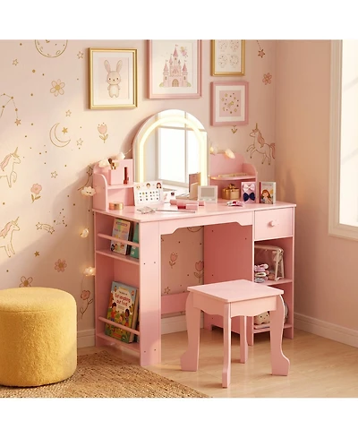 homfan Led Lighted Kids Vanity Table with Mirror, Stool, Bookshelf and Storage – Princess Wooden Makeup Desk for Girls Bedroom or Playroom
