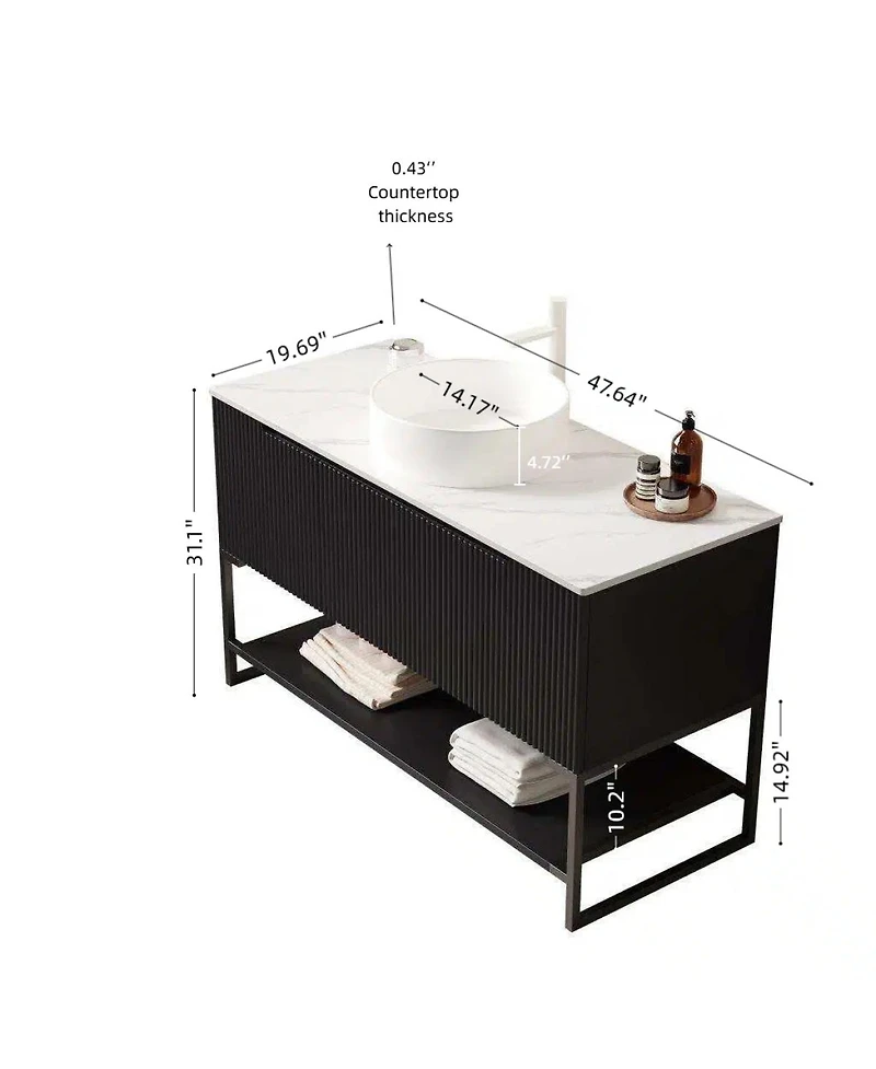 Sillysis 48 Inch Modern Bathroom Vanity with Ceramic Vessel Sink, Sintered Stone Countertop, Soft Close Doors