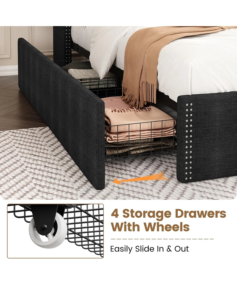 homfan 2 piece Upholstered Platform Bed Frame with Wingback Headboard, 4 Storage Drawers, Built-in Usb, Sturdy Wood Slats, Space-Saving, Easy Assembly