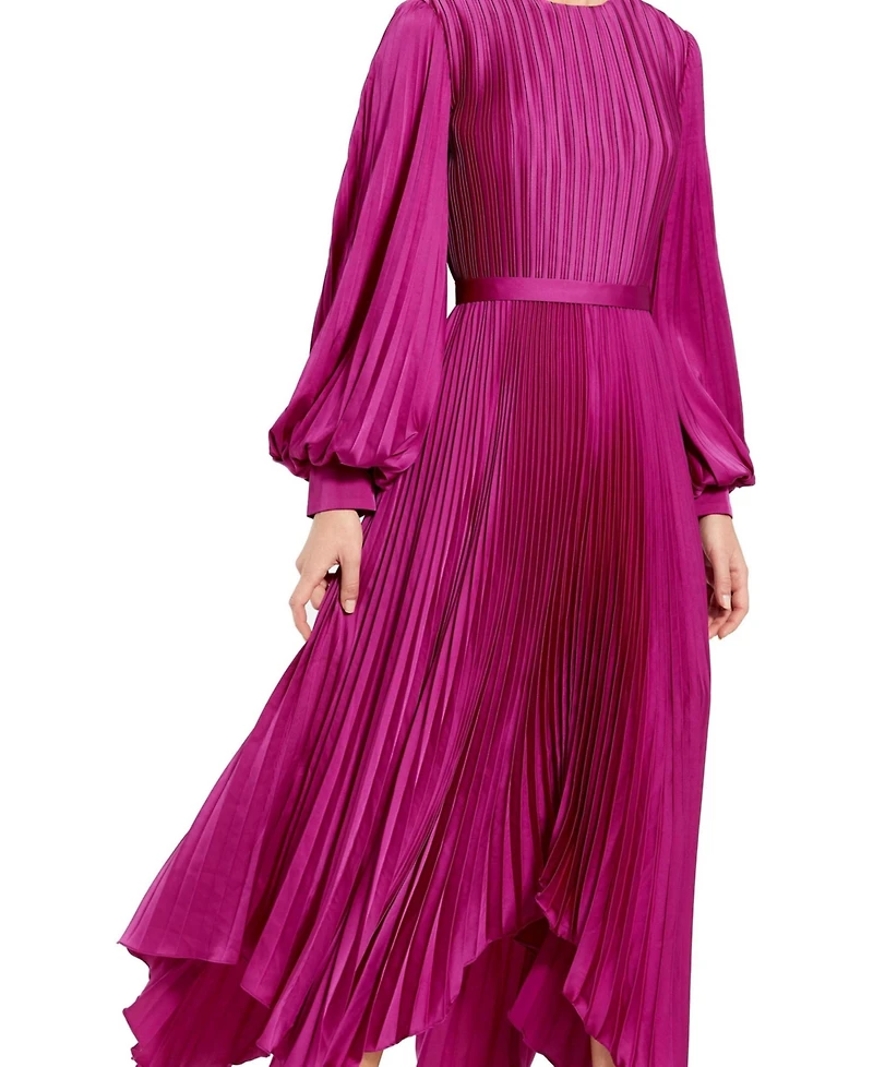 Mac Duggal Petite Pleated Charmeuse Midi Dress with Handkerchief Hem