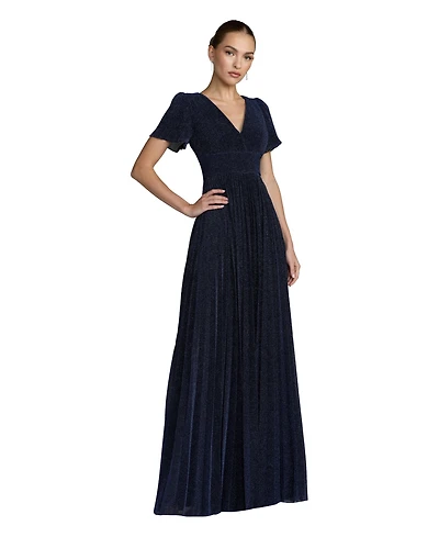 Mac Duggal Women's Pleated Metallic Flutter Sleeve A Line Gown