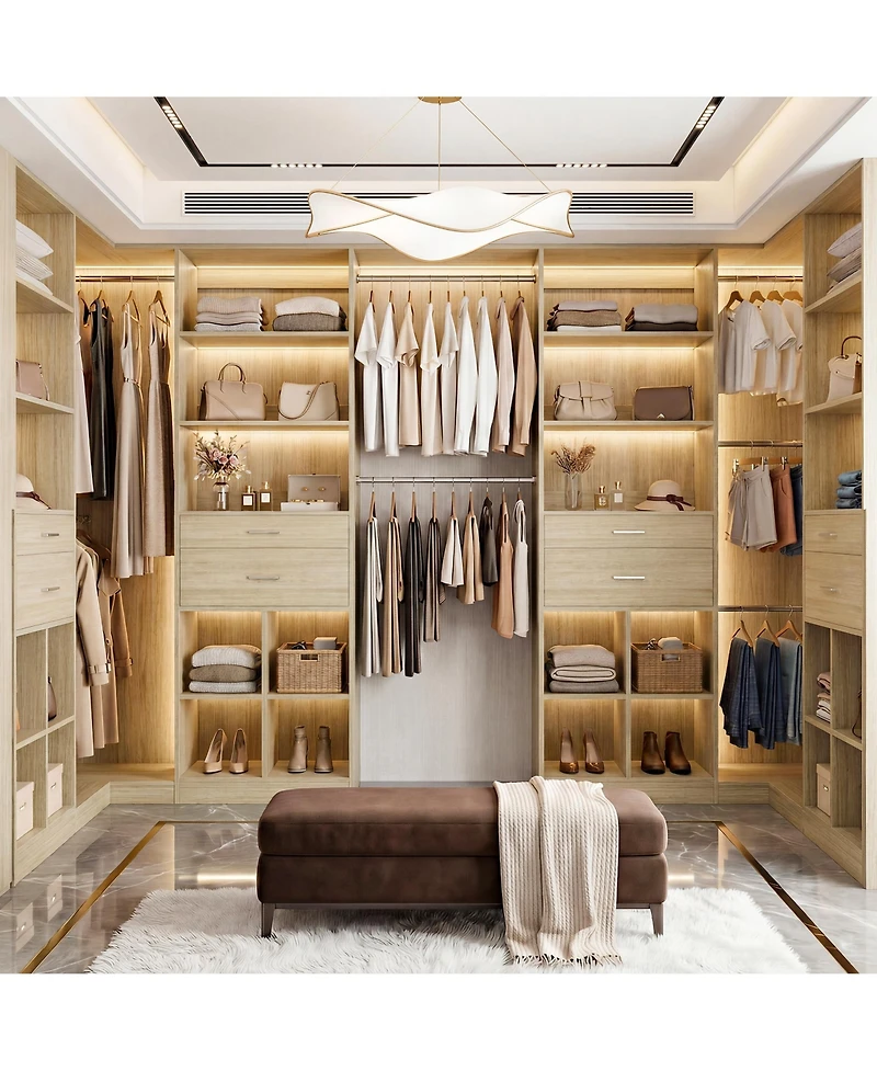 Aheaplus Wooden Closet Organizer with 2 Drawers and 5 Haning Rods