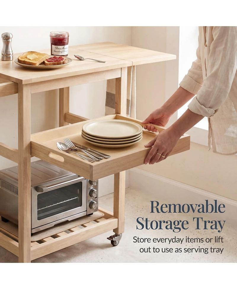 Best Choice Products Rolling Kitchen Island Cart with Drop Leaf Extension, Solid Wood, Tray, Shelf, Wheels