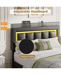Homfan Led Bed Frame with 4 Drawers, Pu Leather Platform Charging Station for Bedroom