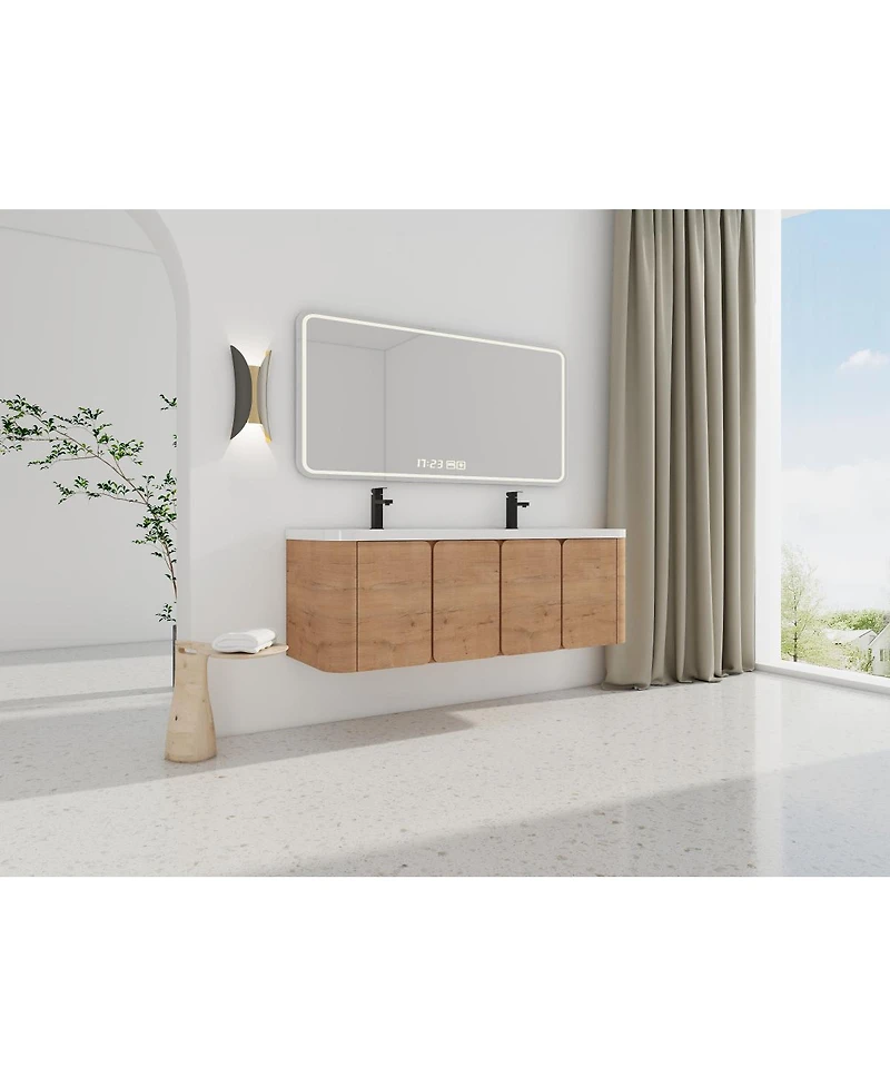 Sillysis 60 Inch Wall Mounted Modern Bathroom Vanity with Double Resin Sink, Soft Close Doors, Plywood Cabinet for Storage