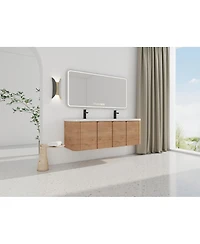 Sillysis 60 Inch Wall Mounted Modern Bathroom Vanity with Double Resin Sink, Soft Close Doors, Plywood Cabinet for Storage