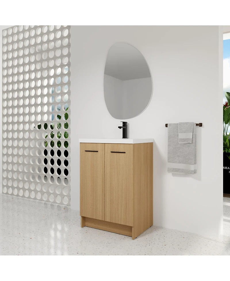 Sillysis 24 Inch Freestanding Bathroom Vanity with Resin Sink, Modern Light Wood Cabinet, Soft-Close Doors and Adjustable Shelf