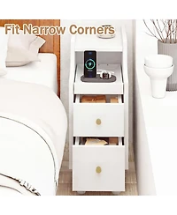 Gymax 2PCS Narrow Nightstand Solid Wood End Table w/Pull-out Tray and 2 Storage Drawers