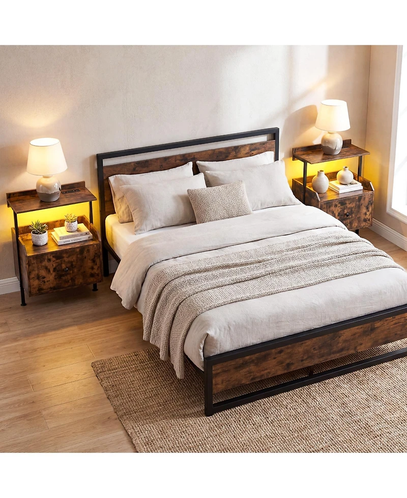 Gymax 2 pieces Nightstand Wall-mounted Bedside Table w/ Led Lights and Charging Station