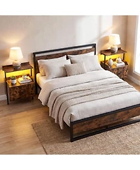 Gymax 2 pieces Nightstand Wall-mounted Bedside Table w/ Led Lights and Charging Station
