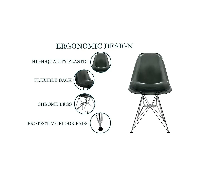 LeisureMod Cresco Acrylic Dining Chair Set of 2 Chrome Eiffel Base and Curved Back Design, Ergonomic Lightweight Accent Side