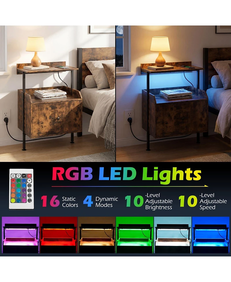 Gymax Nightstand Wall-mounted Bedside Table w/ Led Lights and Charging Station